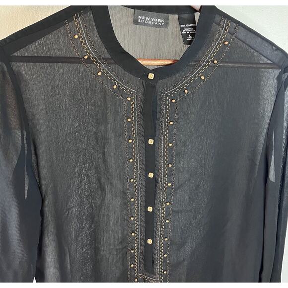 NEW YORK & COMPANY Sheer Black Embroidered Beaded Tunic Swim Cover-Up Large - Picture 1 of 14